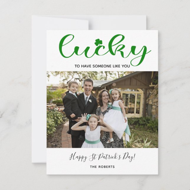 lucky shamrock st Patrick modern family photo Holiday Card (Front)