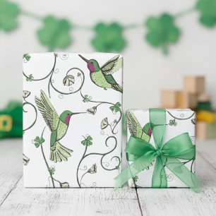 Lucky Shamrock Vine Hummingbird Pattern Wrapping Paper
