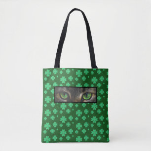 Lucky Shamrocks & cute cat eyes on forest green Tote Bag