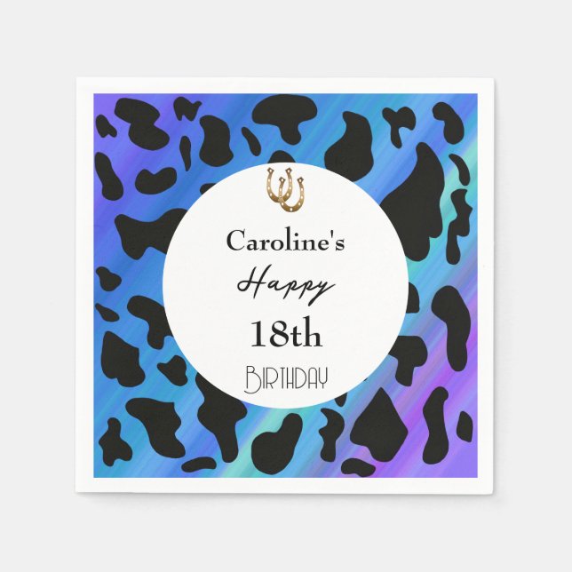 Lucky Shoe Horse & Black Cow Spots Blue Birthday  Napkin (Front)