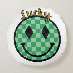 Lucky Smiley Face Green Gold Checkered Happy Face Round Cushion