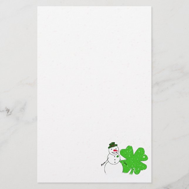 Lucky Snowman With Big 4-Leaf Clover Stationery (Front)