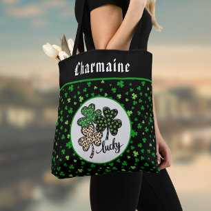 Lucky St Patrick Shamrock Green Black Cat Print   Tote Bag