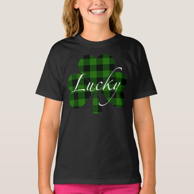 Lucky St. Patty’s Shamrocks | green plaid T-Shirt (Front)