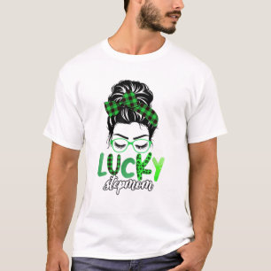 Lucky Stepmom Leopard Plaid Messy Bun Irish St Pat T-Shirt