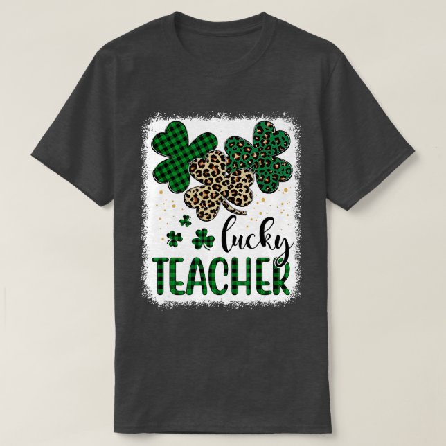 Lucky Teacher St Patrick's Day Leopard Plaid Shamr T-Shirt (Design Front)