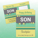 Lucky to have you son green and yellow birthday card<br><div class="desc">Personalize this Birthday Card for your son.
Designed in green,  yellow and grey.
Add his name and change text to suit.
We're so lucky to have you as our son.</div>