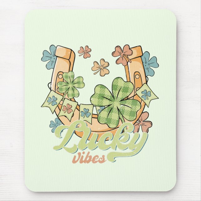 Lucky Vibes - Colorful Clovers & Golden Horseshoe Mouse Mat (Front)