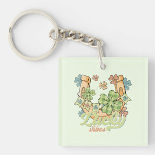 Lucky Vibes - Colourful Clovers & Golden Horseshoe Key Ring