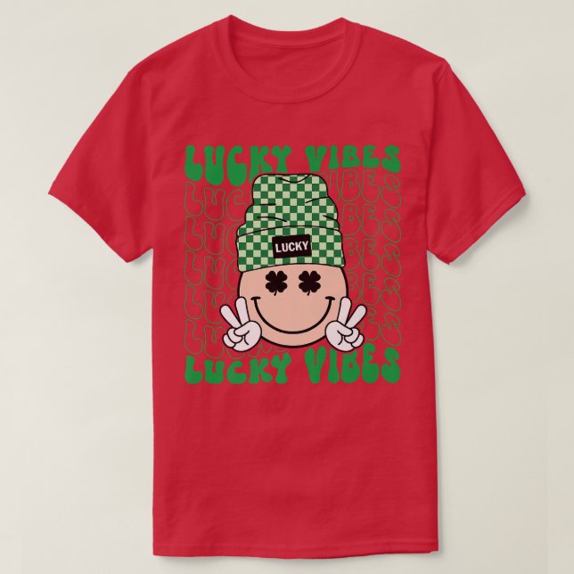 Lucky Vibes Hippie Groovy St Patricks Day Shamrock T-Shirt (Design Front)