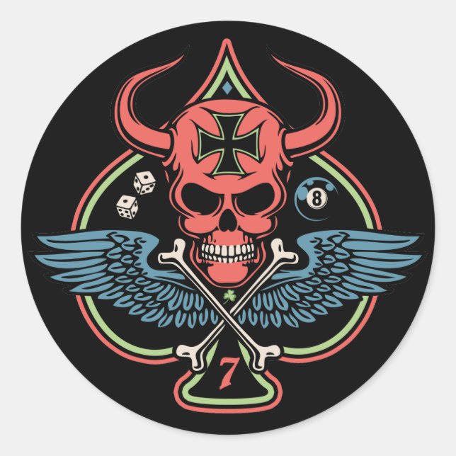 Lucky Winged Maltese Devil Skull of Spades Classic Round Sticker (Front)