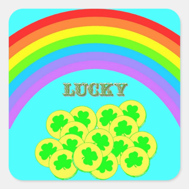Lucky with Rainbows, Gold and Shamrocks Square Sticker (Front)