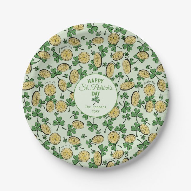 Lucky You Coins & Green Shamrocks St Patricks Day Paper Plate (Front)