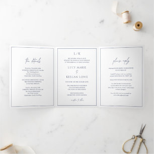 Lucy Navy Blue Classic Elegant Wedding Tri-Fold Invitation