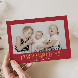 LUCY Red Gold Foil Photo Festive Merry Christmas Holiday Card