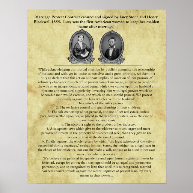 Lucy Stone Marriage Contract Suffrage Civil Rights Poster (Front)