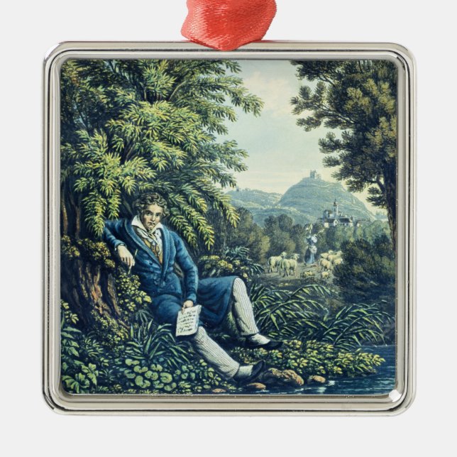 Ludwig van Beethoven by a River (coloured engravin Metal Tree Decoration (Front)
