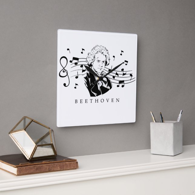 Ludwig van Beethoven Portrait and Bust With Notes Square Wall Clock (Office)