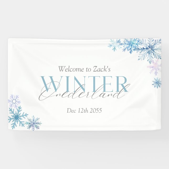 lue Winter Wonderland Snowflake First Birthday  Banner (Horizontal)
