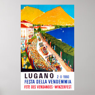 Lugano, areal view. People crowd on wine festival Poster