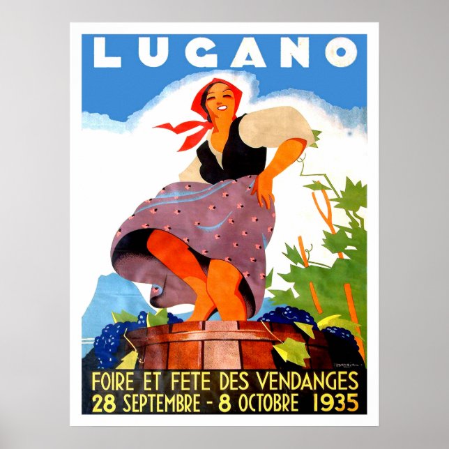 Lugano, Italy, girl is making wine, vintage Poster (Front)
