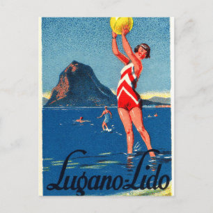 Lugano lake, beach, girl with beach ball, vintage postcard