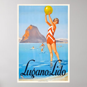 Lugano Lido Swiss Switzerland Vintage Travel Poster