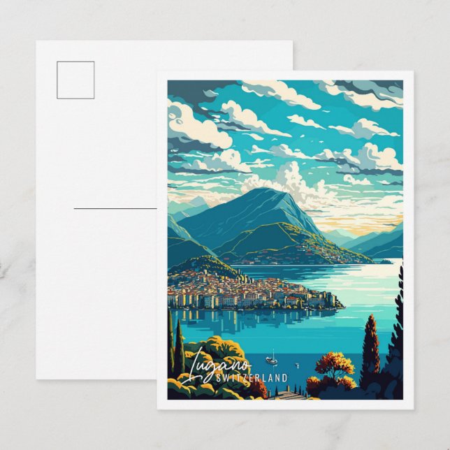 Lugano Switzerland Art vintage travel illustration Postcard (Front/Back)