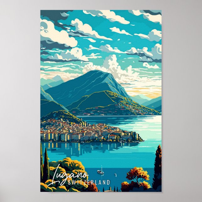 Lugano Switzerland Art vintage travel illustration Poster (Front)