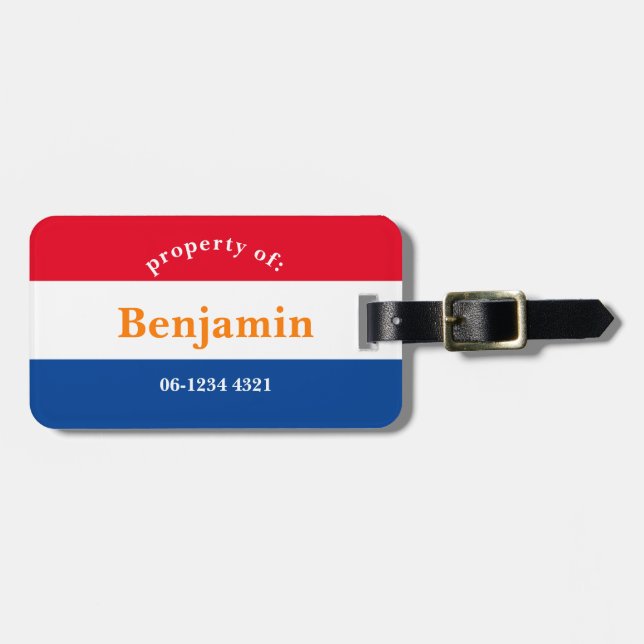 luggage label red white blue orange with name (Front Horizontal)