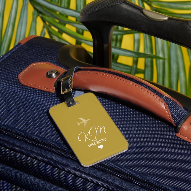 Luggage Tag Monogram Aeroplane Dusty Mustard (Front Insitu 1)