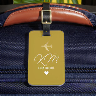 Luggage Tag Monogram Aeroplane Dusty Mustard