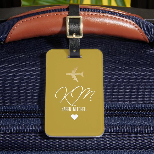 Luggage Tag Monogram Aeroplane Dusty Mustard (Front Insitu 2)