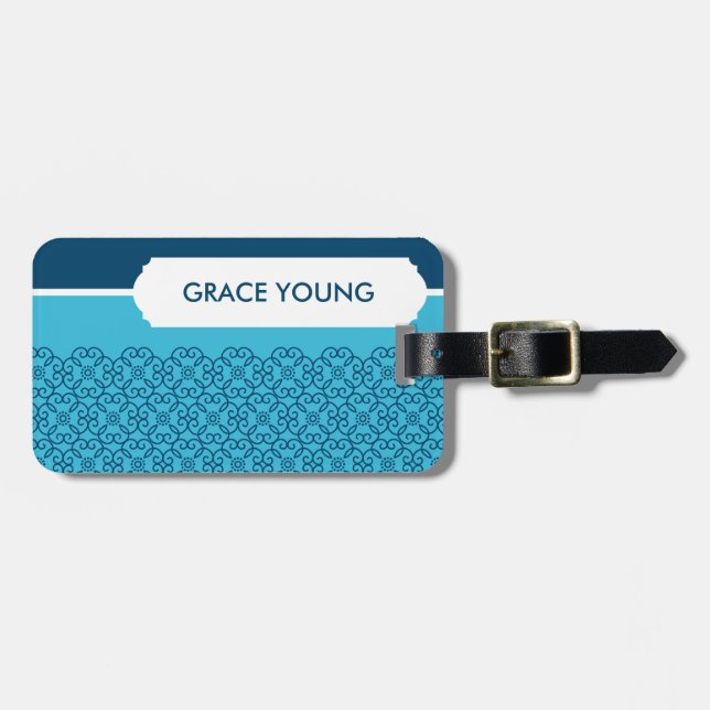 LUGGAGE TAG :: patterned rosette aqua + marine (Front Horizontal)
