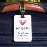 Luggage Tag - Pink Glitter Heart Mr & Mrs