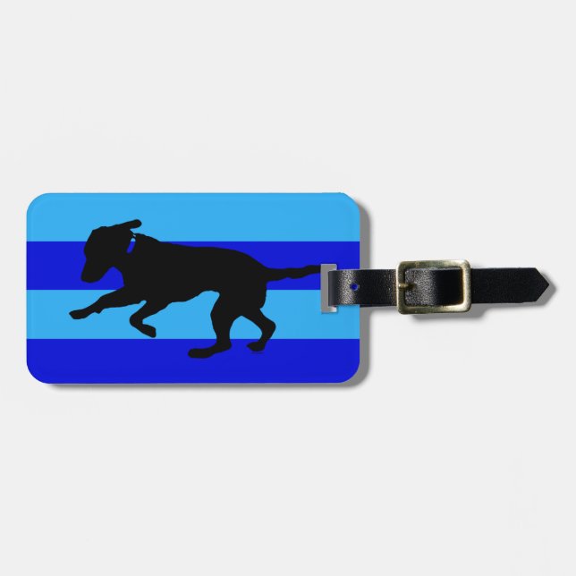Luggage tag playful black lab blue stripes (Front Horizontal)