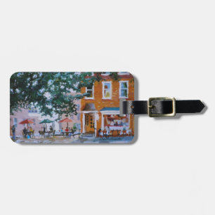 Luggage tag with cafe scene and wine