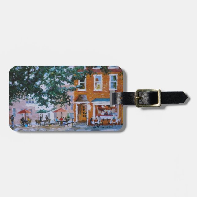Luggage tag with cafe scene and wine (Front Horizontal)