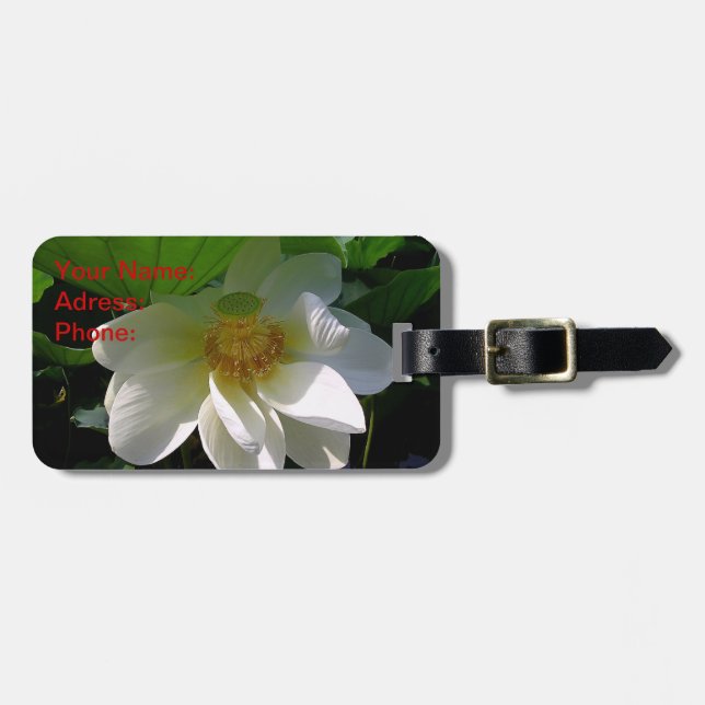Luggage Tag with delicate white Lotus Flower (Front Horizontal)