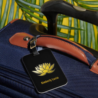 Luggage tag with lotus flower illustration.
