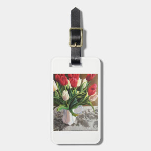 Luggage tag with red and white tulips