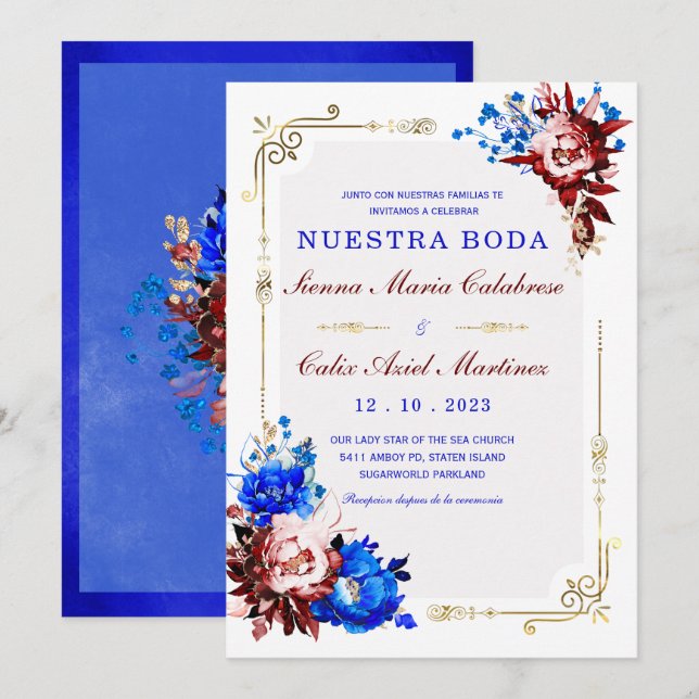 Lujo De Boda en Burdeos y Azul Invitation (Front/Back)