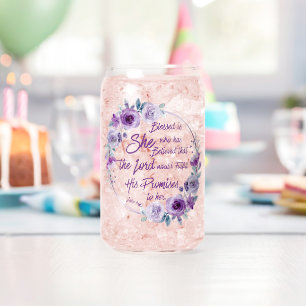 Luke 1:45 Blessed is She Purple Floral Can Glass