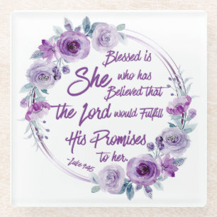 Luke 1:45 Blessed is She Purple Floral Glass Coaster