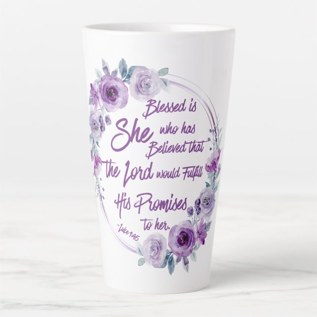 Luke 1:45 Blessed is She Purple Floral Latte Mug (Front)