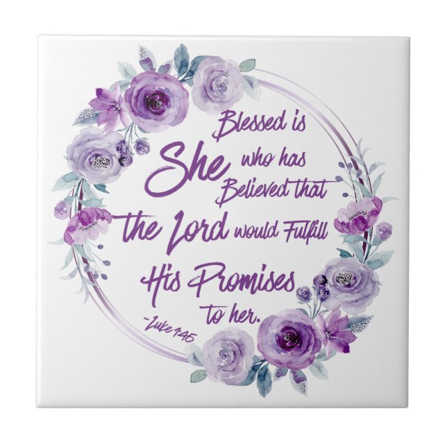 Luke 1:45 Blessed is She Purple Floral Tile (Front)