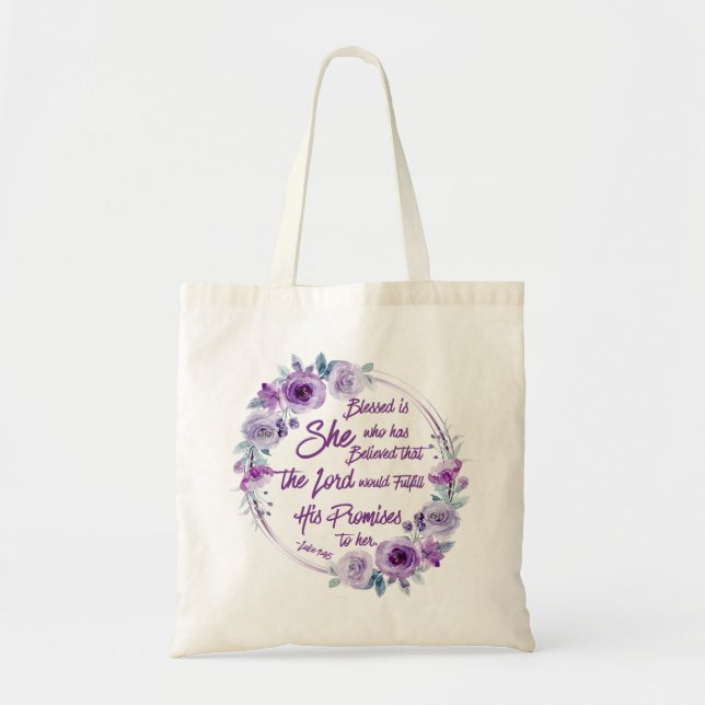 Luke 1:45 Blessed is She Purple Floral Tote Bag (Front)