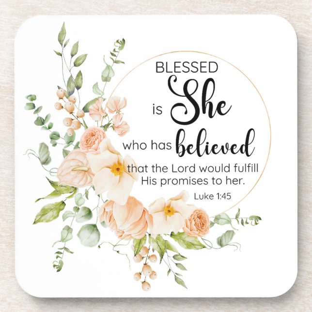 Luke 1:45 Blessed is She Spring Orange Flower Coaster (Front)