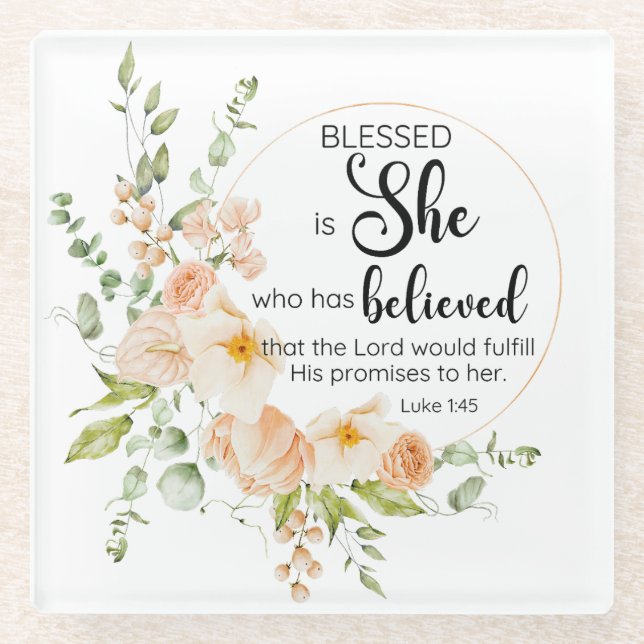 Luke 1:45 Blessed is She Spring Orange Flower Glass Coaster (Front)