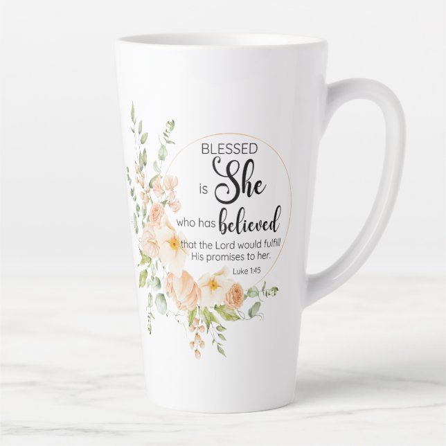 Luke 1:45 Blessed is She Spring Orange Flower Latte Mug (Right)